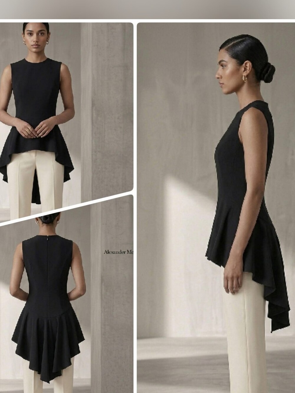 Alexander McQueen Black High Low Asymmetric Peplum Top